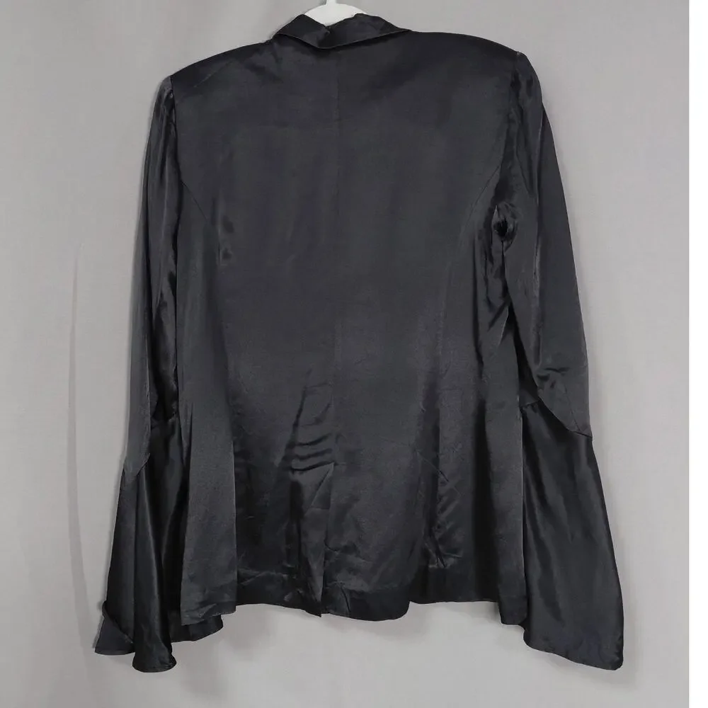 Free People Black Satin Collared Lined Bell Sleeve Jacket Vest Women Size S